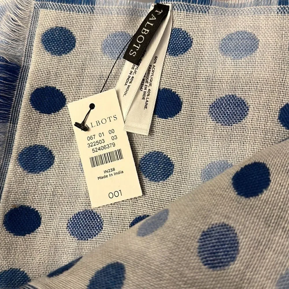 NWT TALBOTS Wool Blend Blue White Polka Dot Check Fringe Trim Wrap Scarf